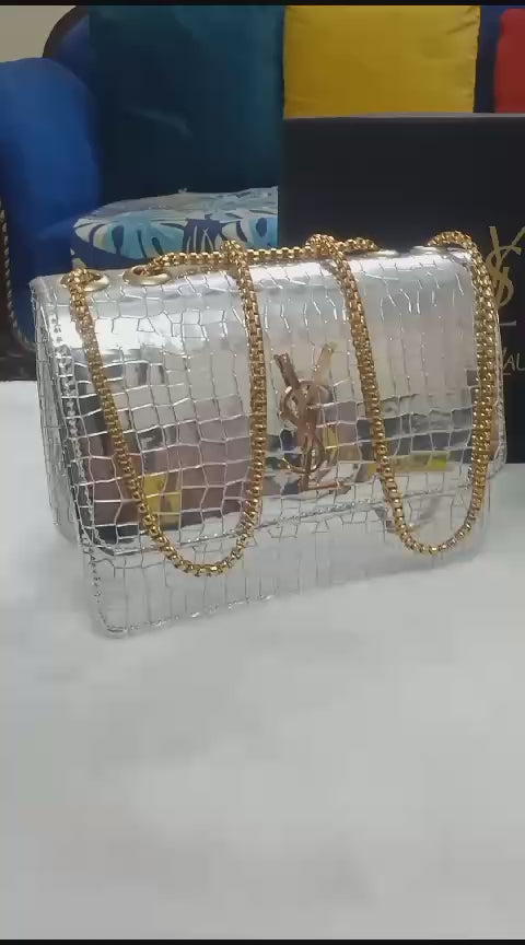 Premium Croc-Embossed Vegan Leather Crossbody Bag with Elegant Gold-Tone Chain Strap